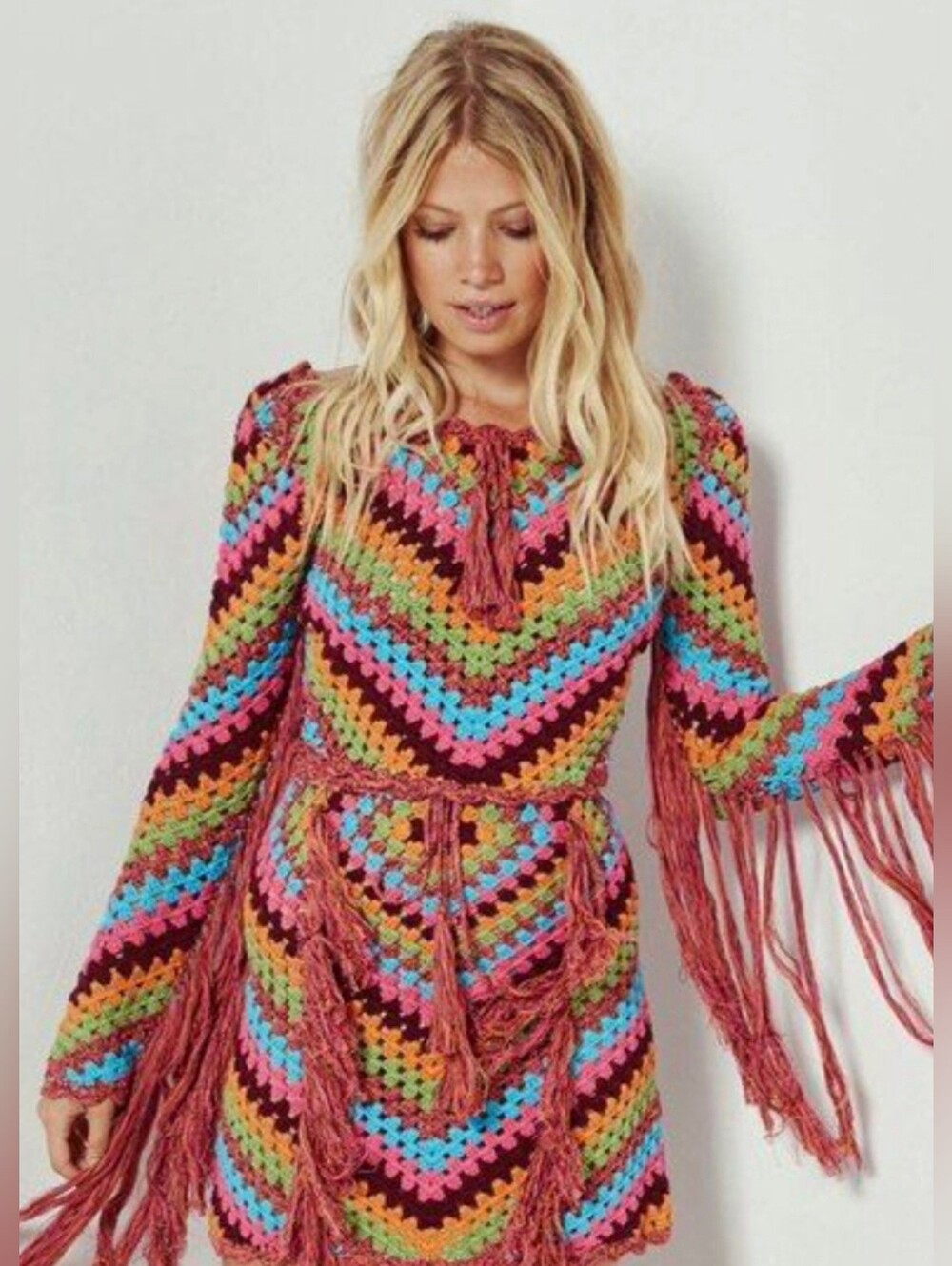 Spell & The Gypsy Joni Crochet Top Fringe Boho Festival Crop Cotton Sweater M/L